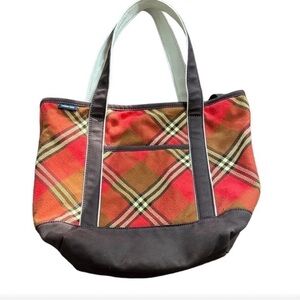 Lands End Classic Plaid Tote Bag with brown Trim